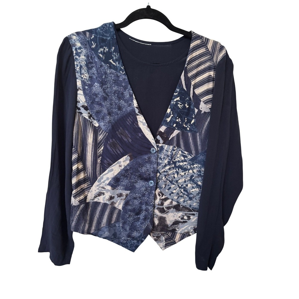 Y2K Navy Blue Layered Patchwork Print Vest Blouse Long Sleeve Top Mixed Media